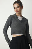 Antrasit V Yaka Crop Triko Kazak PF00040