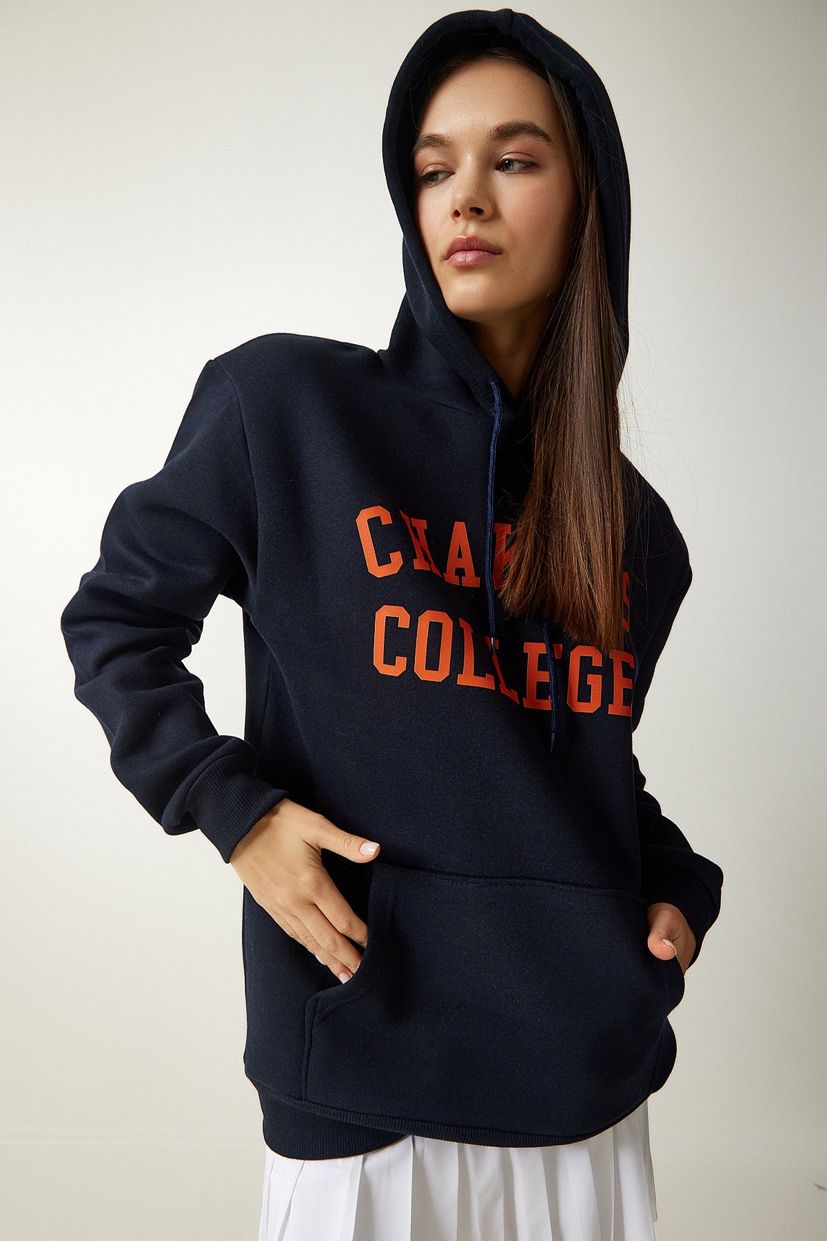 Koyu Lacivert Baskılı Kapüşonlu Şardonlu Sweatshirt OW00012