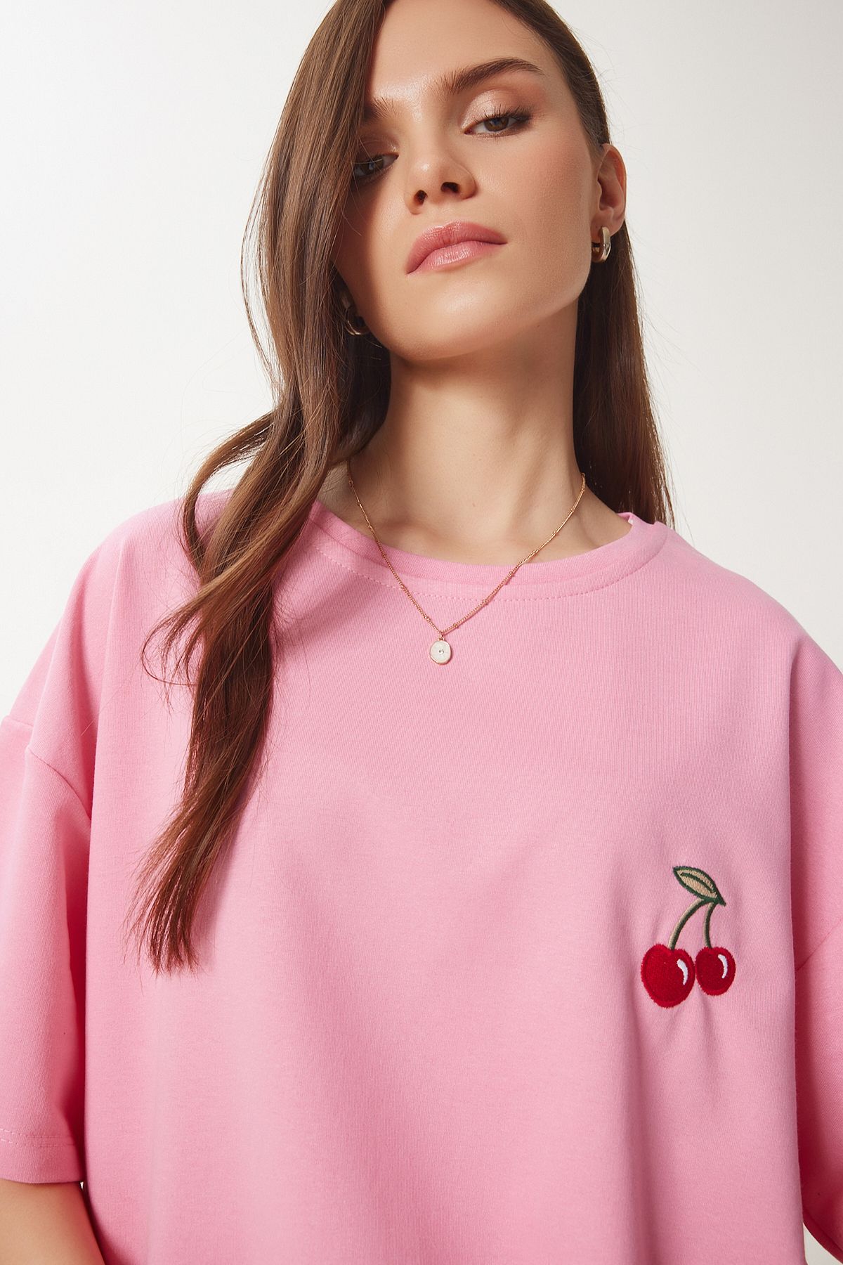 Pembe Oversize Nakışlı Örme T-Shirt ZV00276