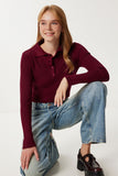 Bordo Polo Yaka Fitilli Örme Triko Kazak PF00119