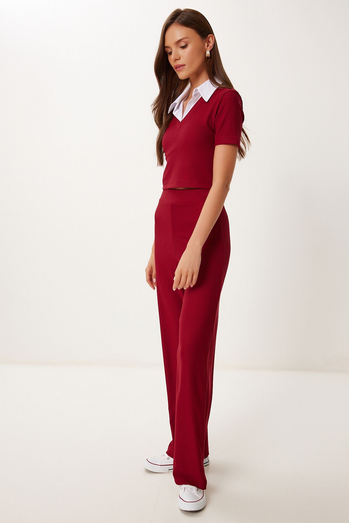 Bordo Polo Yaka Esnek Fitilli Örme Takım ZH00054
