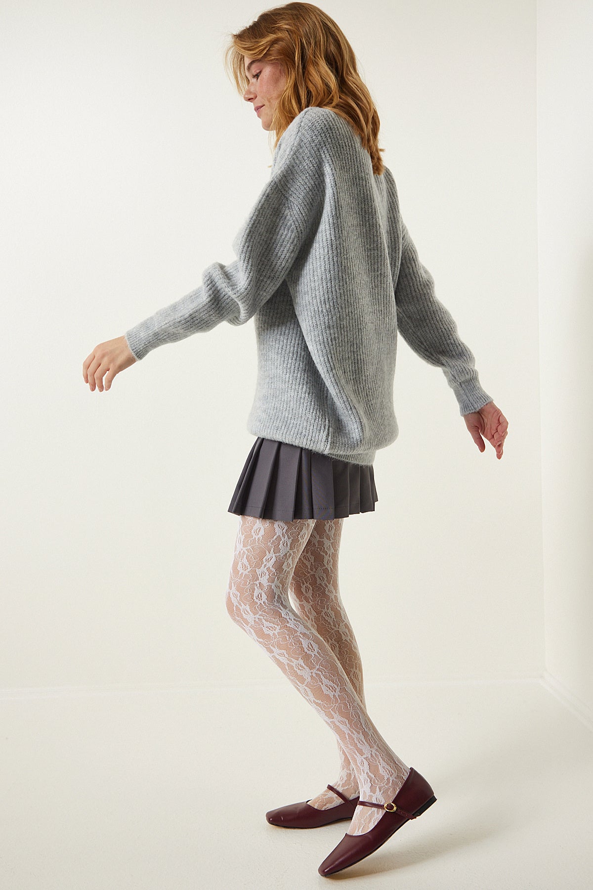 Açık Gri Oversize Uzun Basic Triko Kazak  BV00099