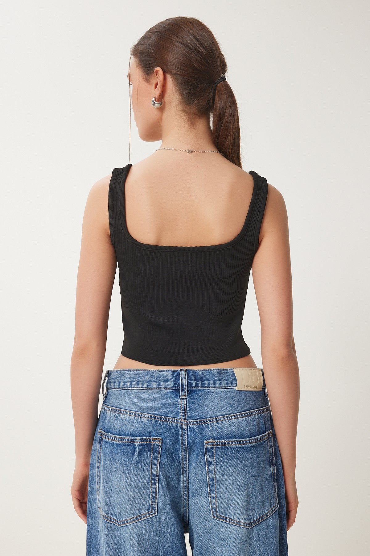 Siyah Beyaz 2'li Paket Fitilli Crop Triko Bluz GA00006