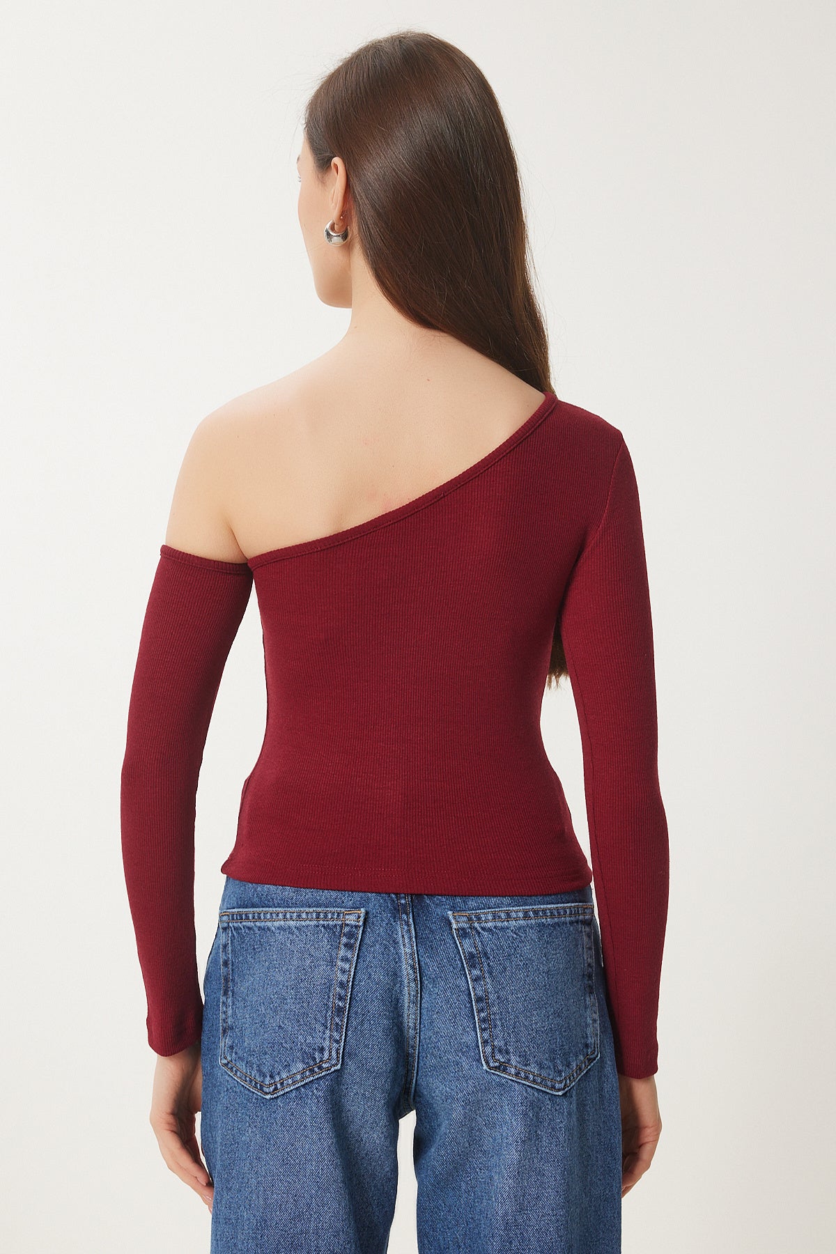 Bordo Açık Omuzlu Fitilli Örme Bluz TG00011