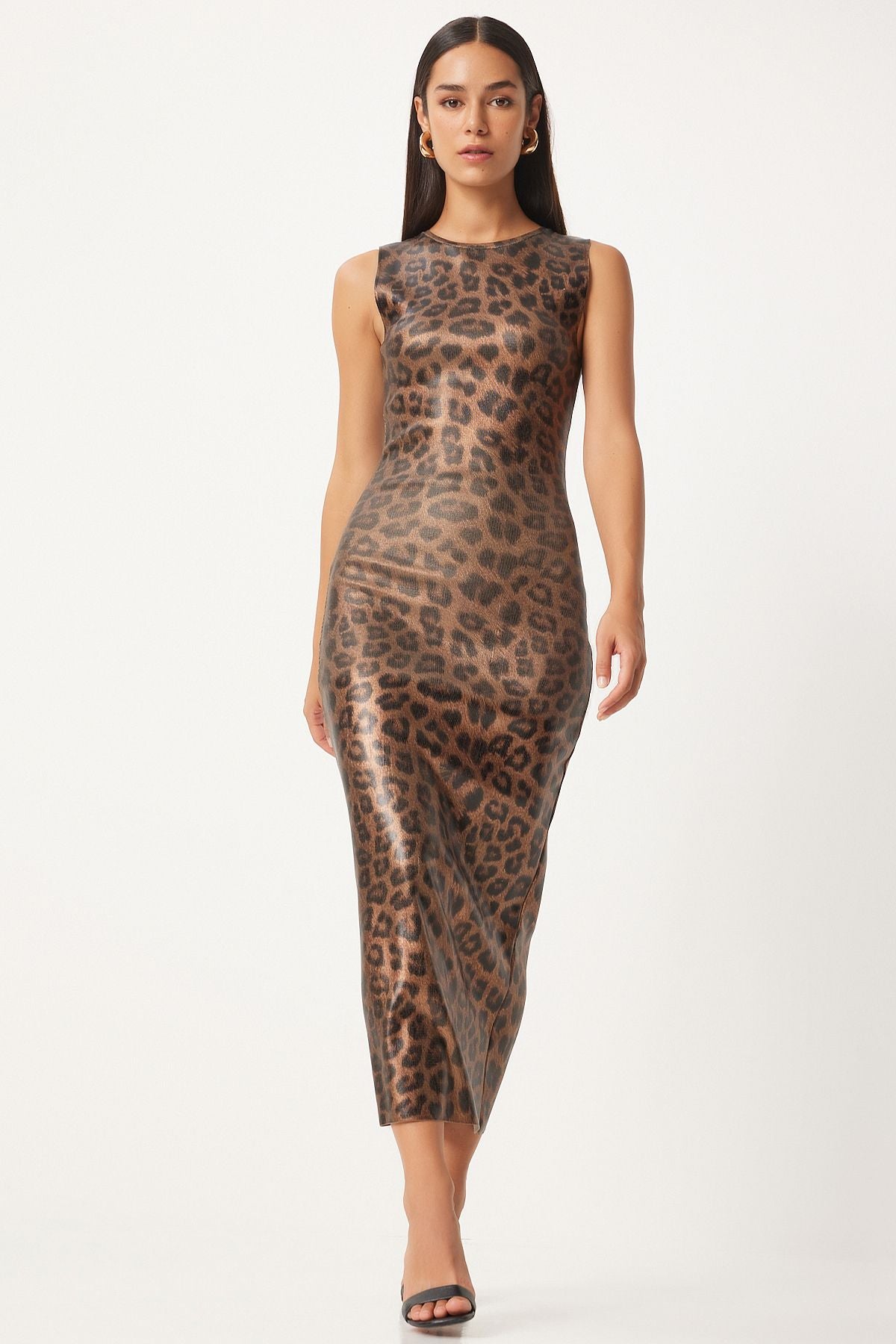 Siyah Bej Leopar Desenli Dar Elbise PF00077