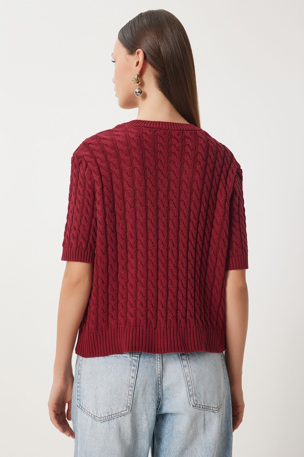 Bordo Bisiklet Yaka Saç Örgülü Triko Hırka US00946