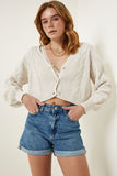 Krem Motifli Düğmeli Crop Triko Hırka  MW00132