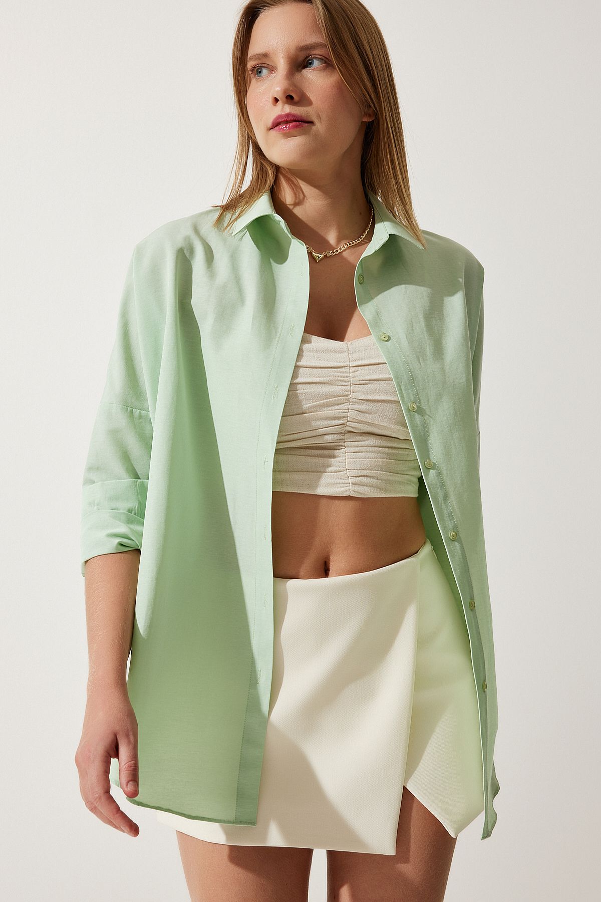 Uçuk Yeşil Oversize Uzun Basic Gömlek  DD00842