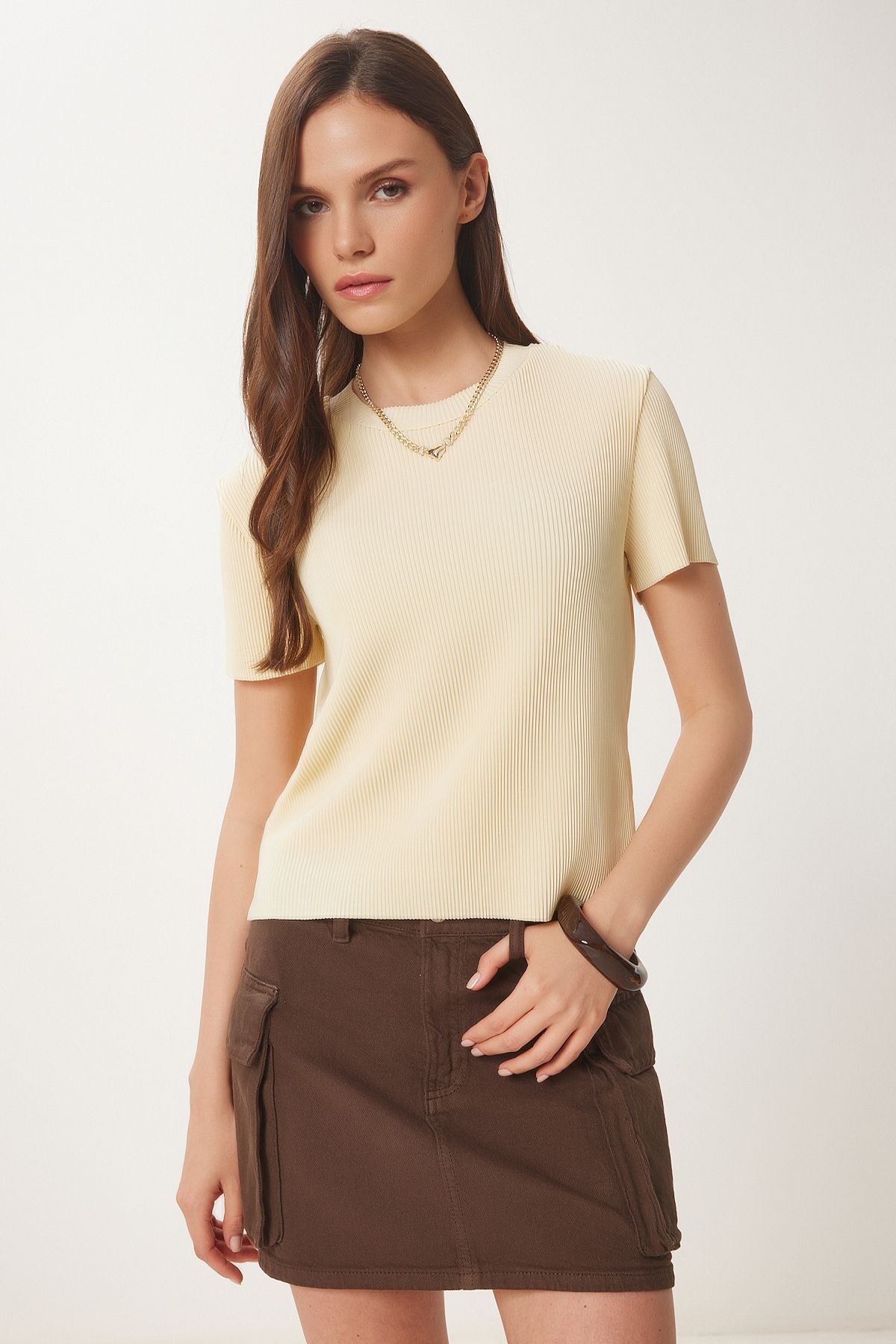 Sarı Basic Fitilli Örme Bluz HF00468