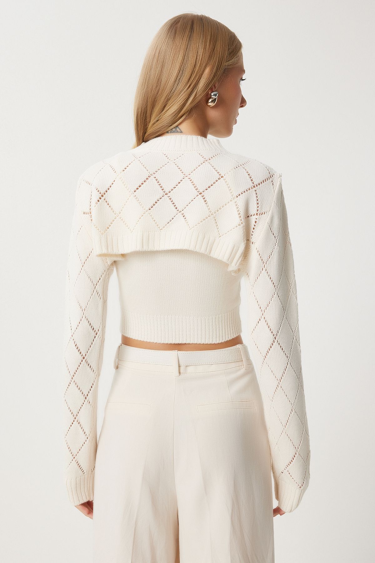Krem Balıkçı Yaka Triko Atlet Crop Takım MT00153