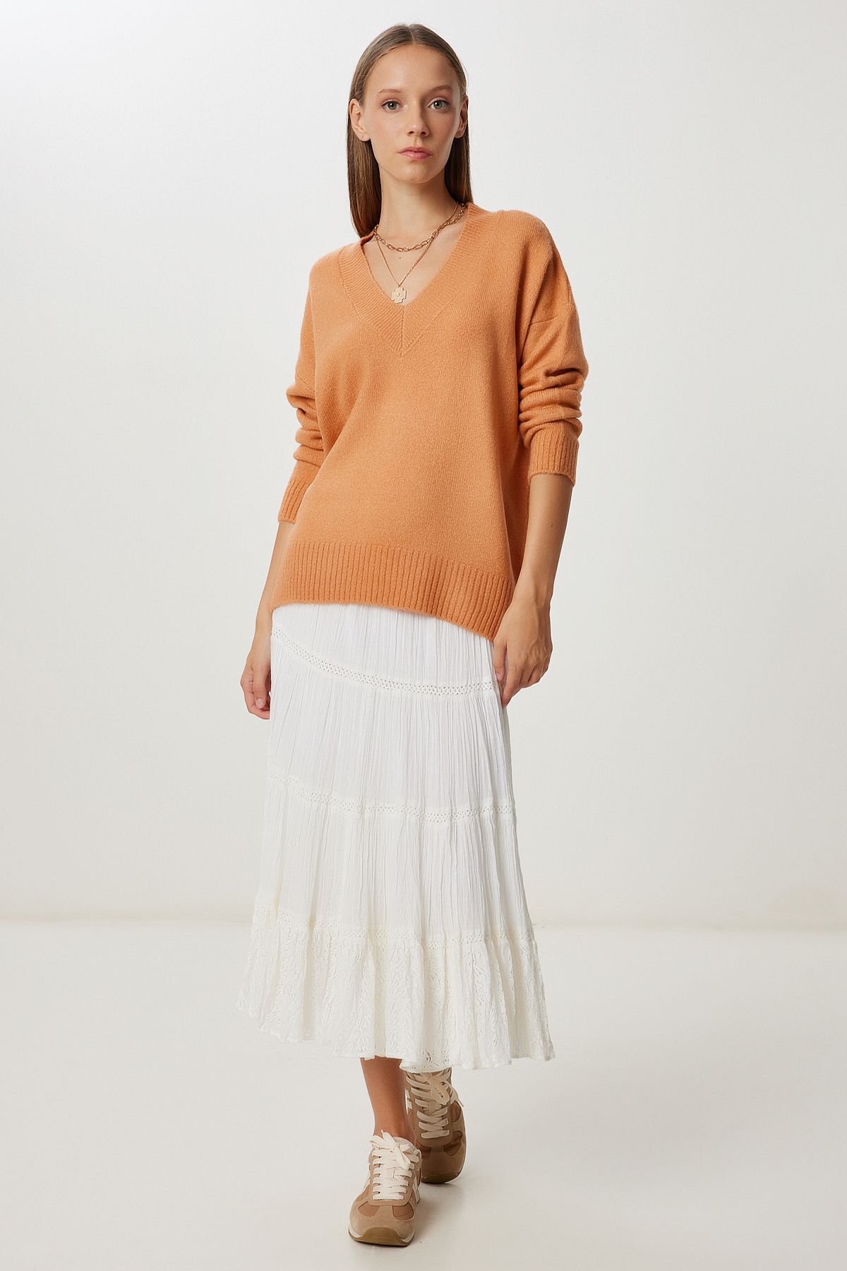 Şeftali V Yaka Oversize Triko Kazak BV00124