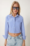 Mavi Çizgili Poplin Crop Gömlek CR00499