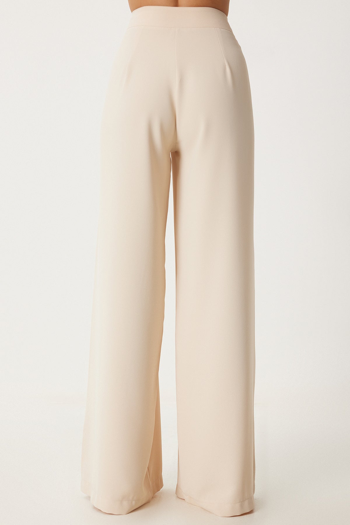 Krem Cepli Dokuma Palazzo Pantolon UL00052