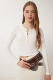 Kemik Çıtçıtlı Basic Örme Crop Bluz FW00002