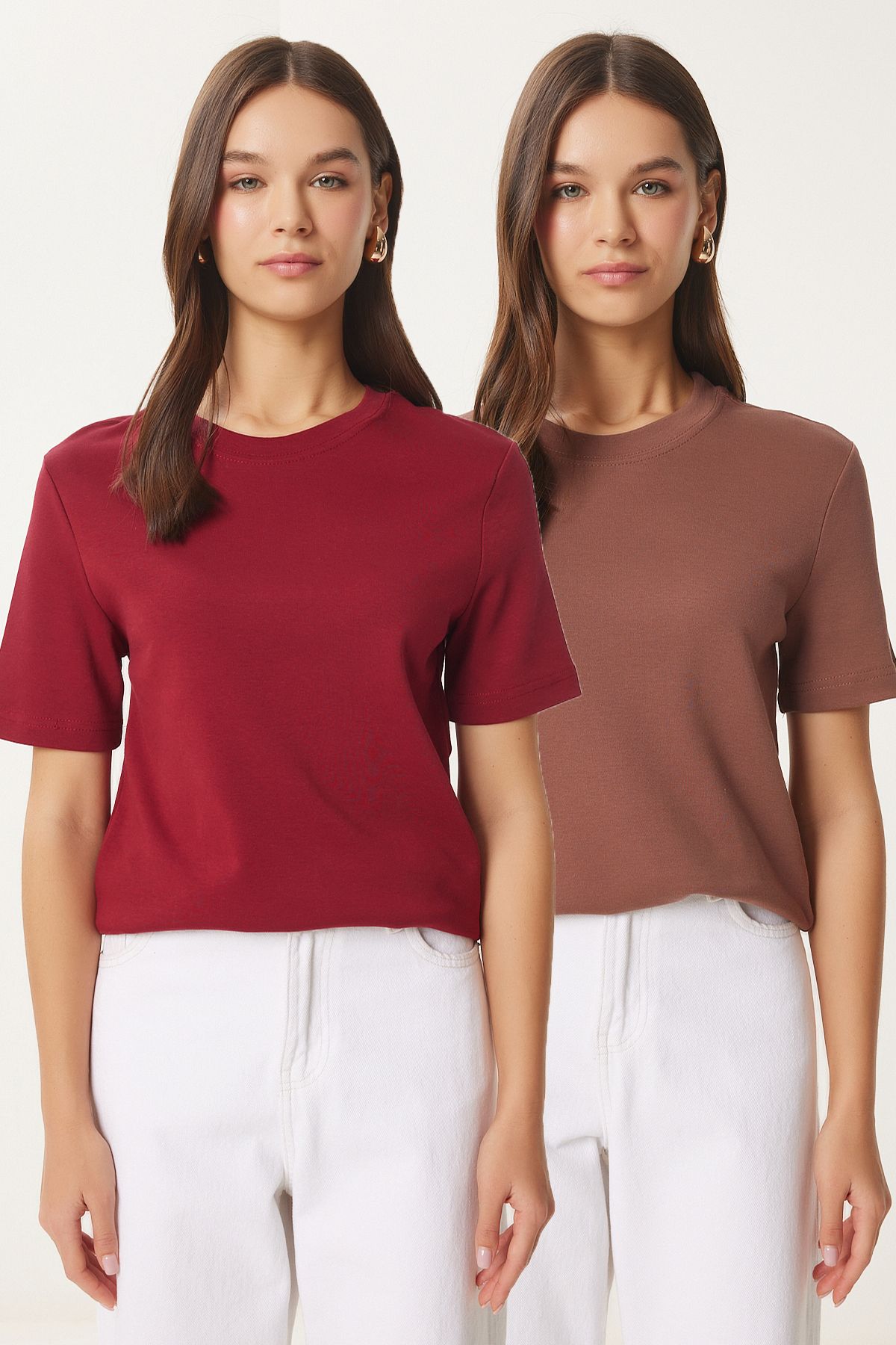 Bordo Kahverengi 2'Li Paket Pamuklu Basic Örme T-Shirt AG00002