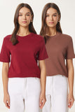 Bordo Kahverengi 2'Li Paket Pamuklu Basic Örme T-Shirt AG00002