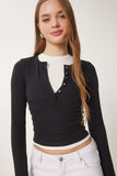 Siyah Çıtçıtlı Basic Örme Crop Bluz FW00002