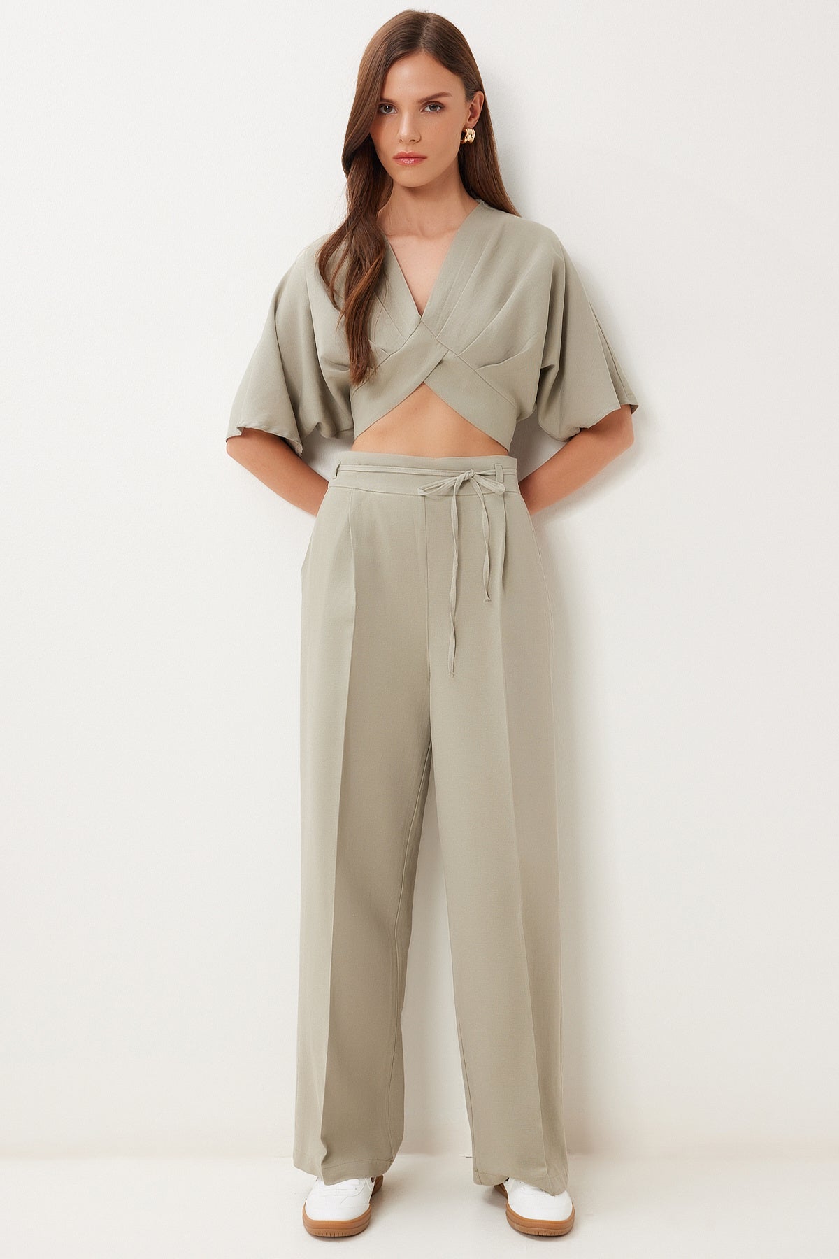 Çağla Yeşili Keten Crop Bluz Pantolon Takım BV00138