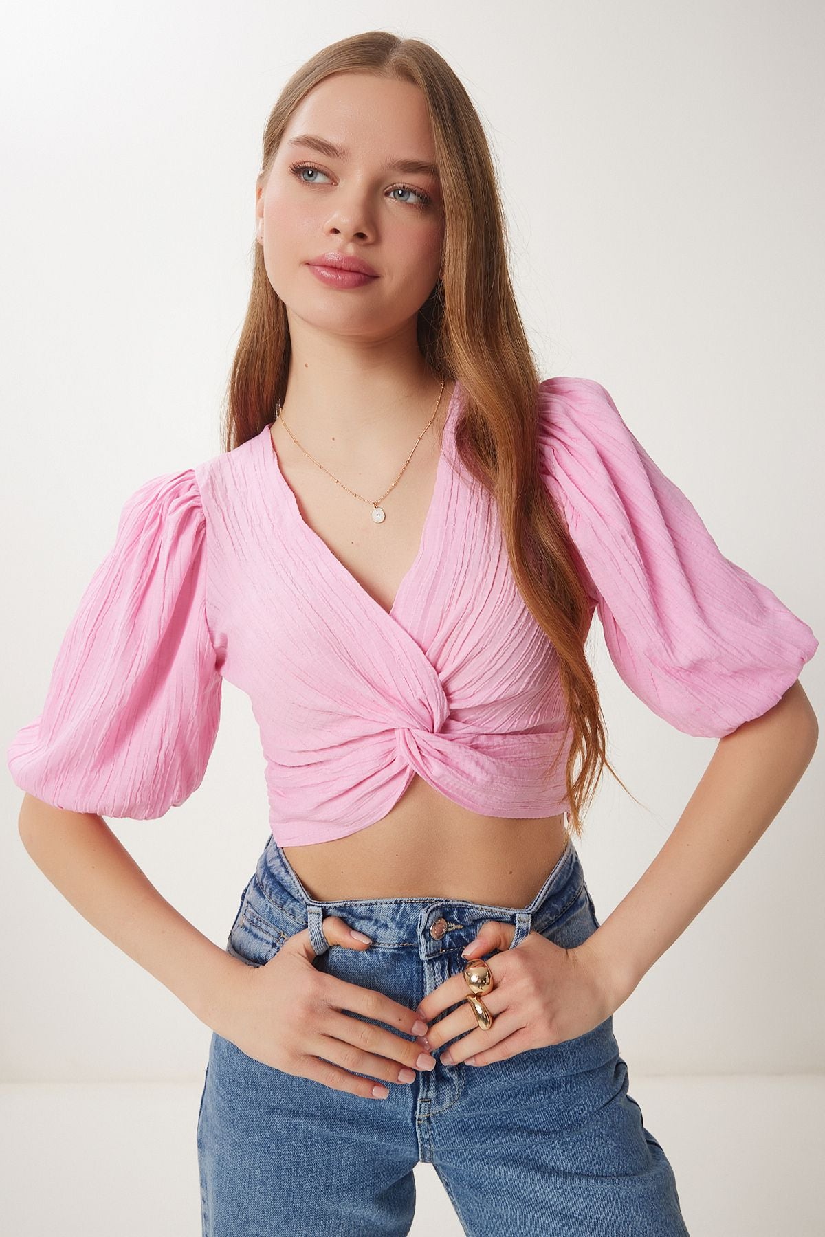Pembe Balon Kollu Crop Dokuma Bluz RG00052