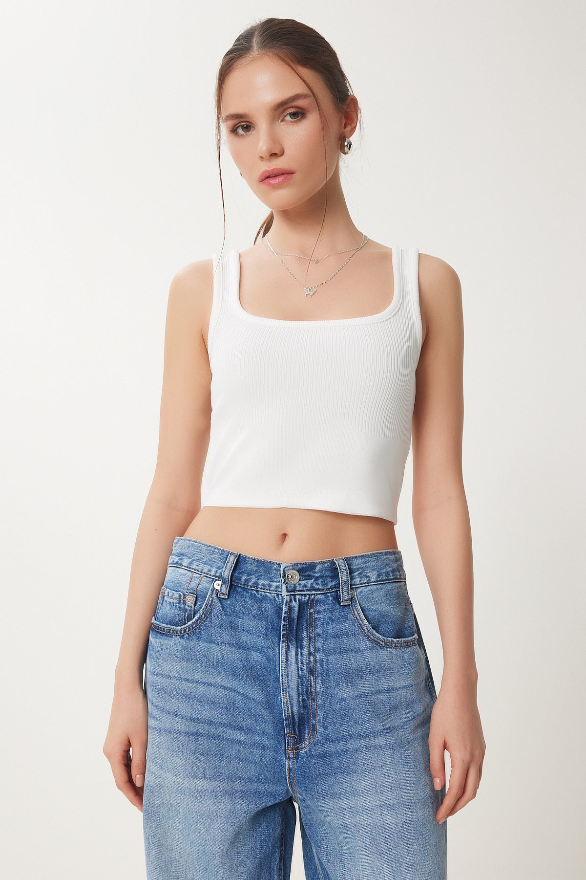 Siyah Beyaz 2'li Paket Fitilli Crop Triko Bluz GA00006
