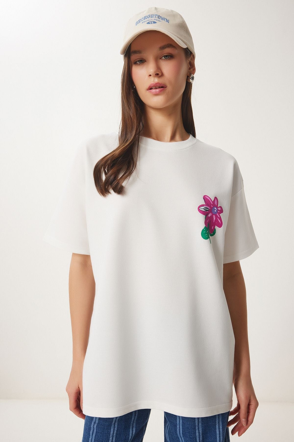 Ekru Çiçek Baskılı Oversize Örme T-Shirt ZV00282