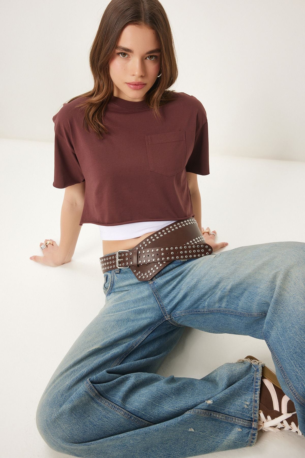 Kahverengi Pamuklu Crop Örme T-Shirt CR00443