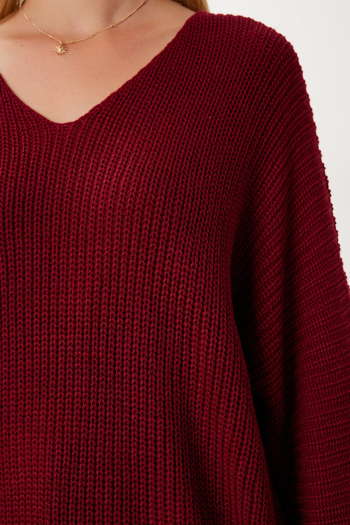 Bordo V Yaka Selanik Örgü Oversize Triko Kazak ZA00059
