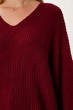 Bordo V Yaka Selanik Örgü Oversize Triko Kazak ZA00059