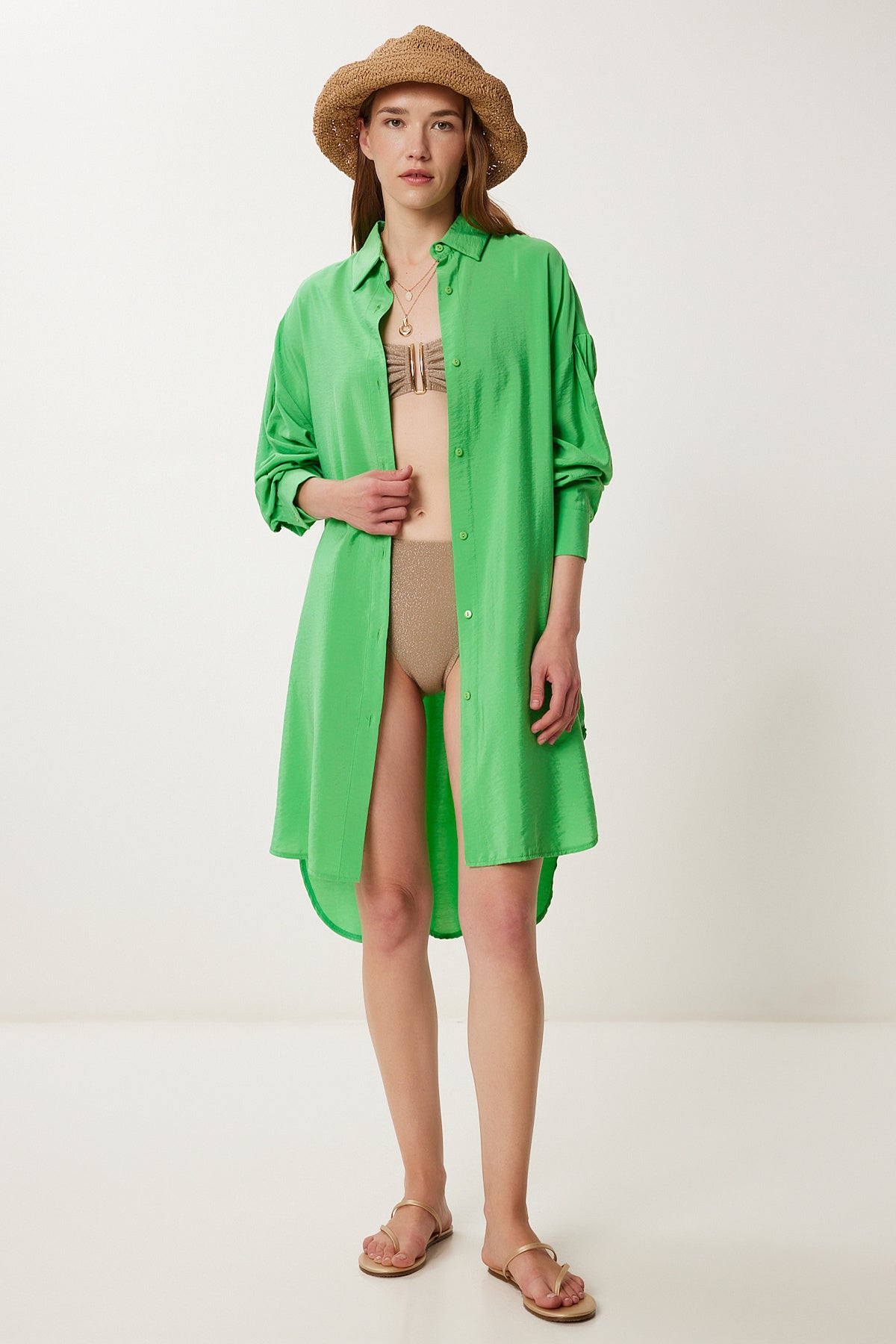 Yeşil Oversize Midi Ayrobin Gömlek Elbise WF00106