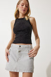 Siyah Taş İşlemeli Crop Triko Bluz NJ00144