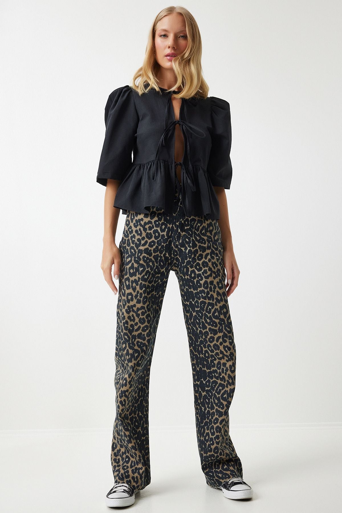 Siyah Kahverengi Leopar Desenli Straight Jeans UT00012