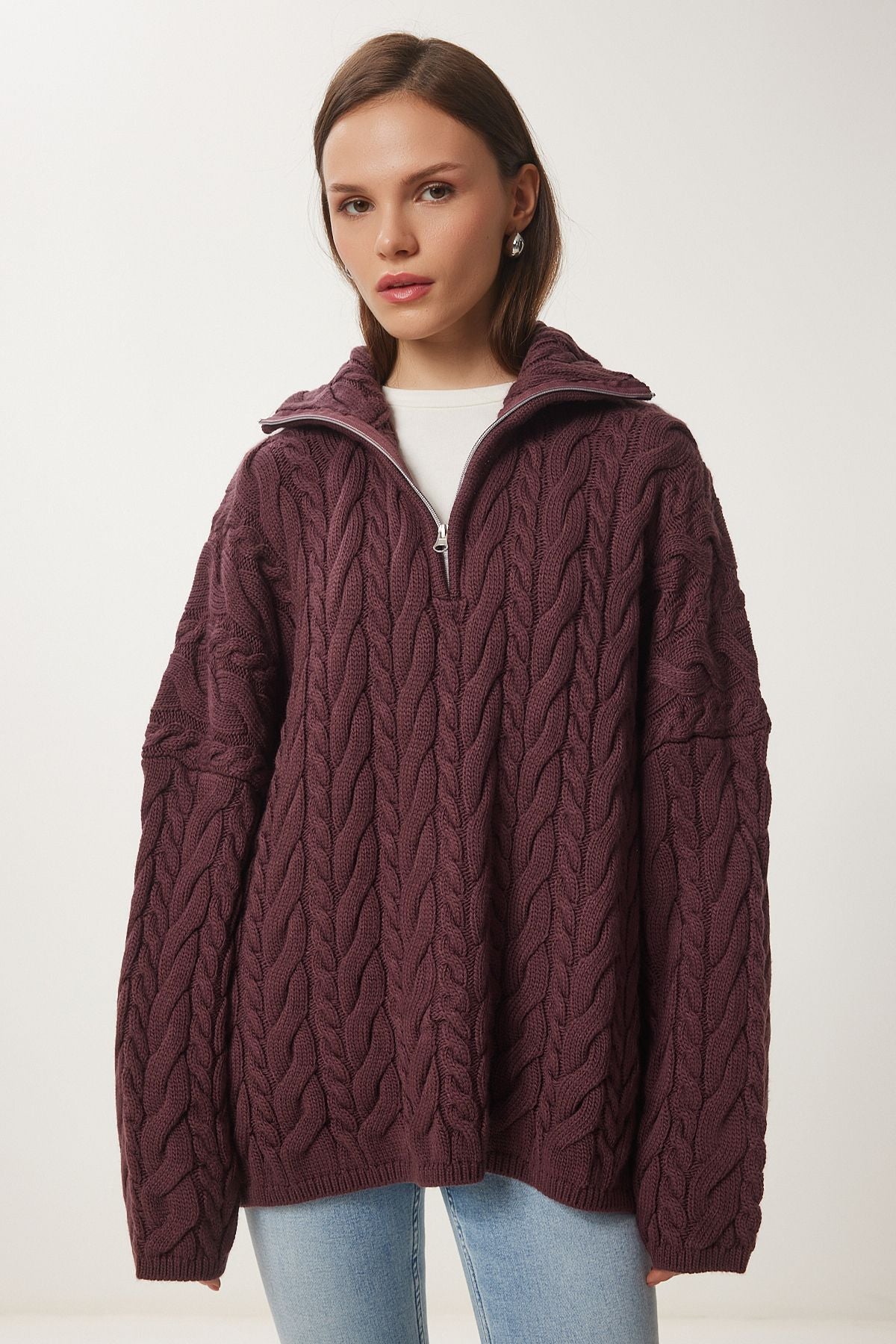Açık Bordo Fermuarlı Dik Yaka Kalın Oversize Triko Kazak US01005