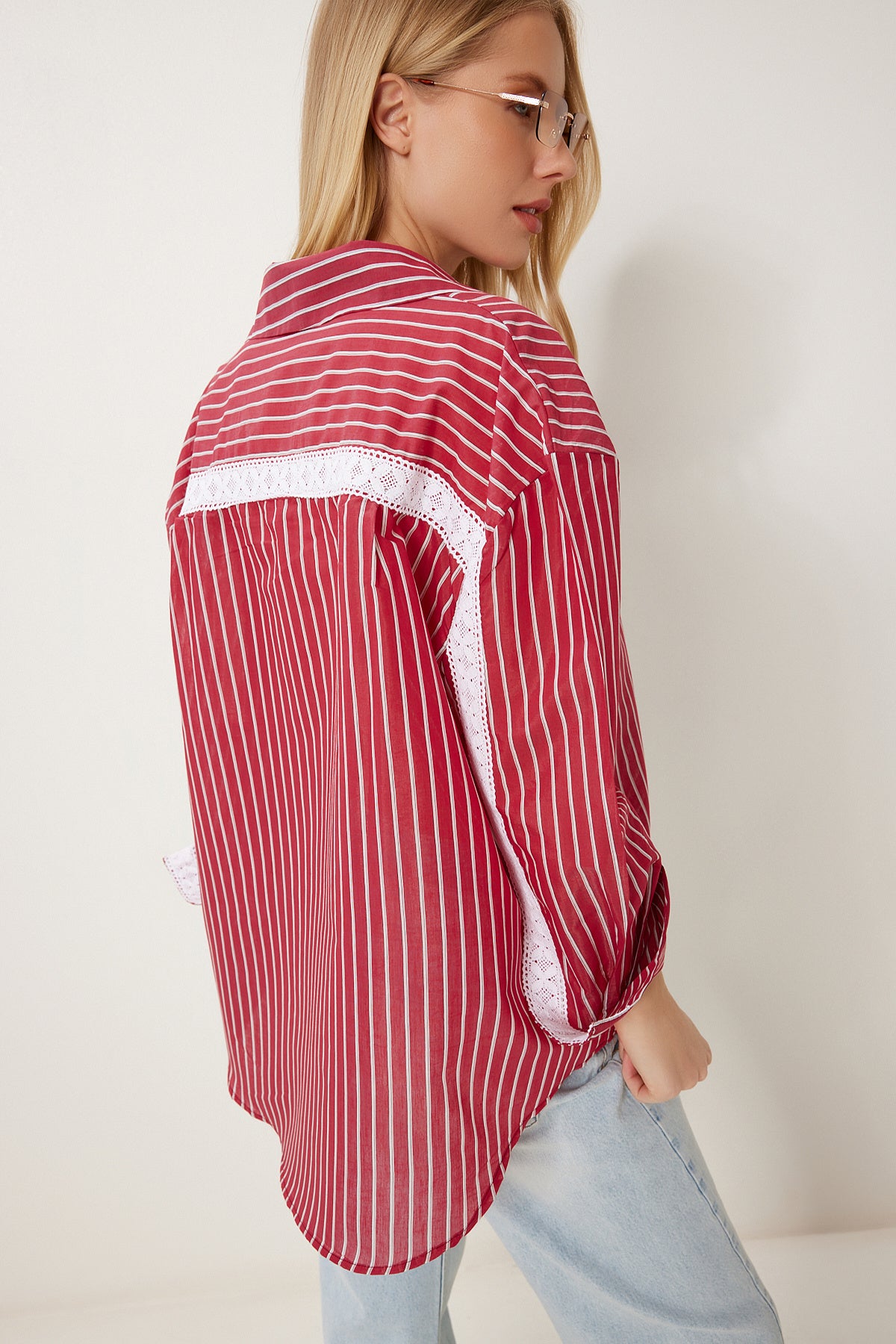 Bordo Dantel Detaylı Çizgili Oversize Gömlek RV00210
