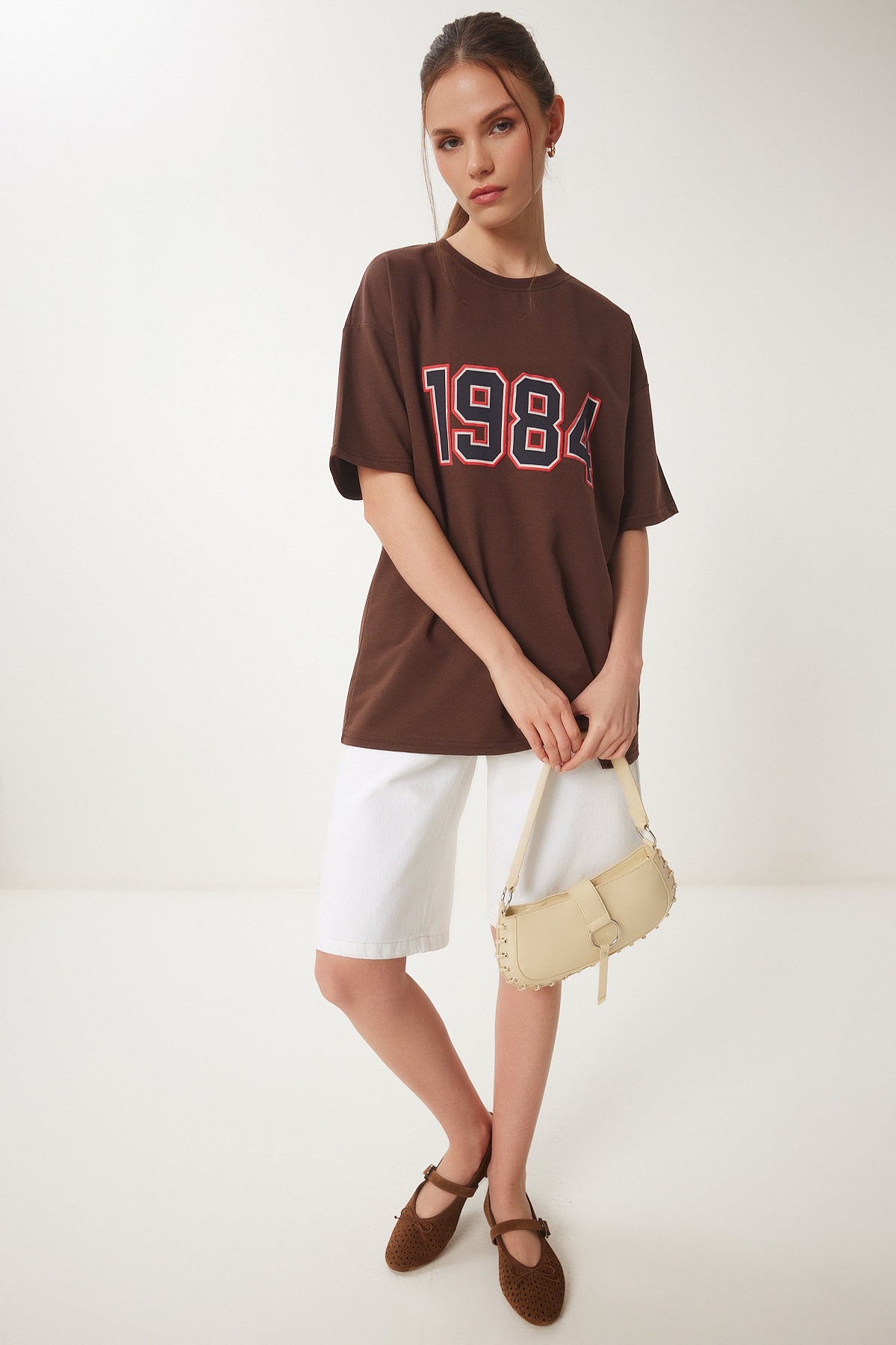 Kahverengi Oversize Baskılı Örme T-Shirt ZV00280