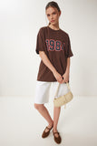 Kahverengi Oversize Baskılı Örme T-Shirt ZV00280
