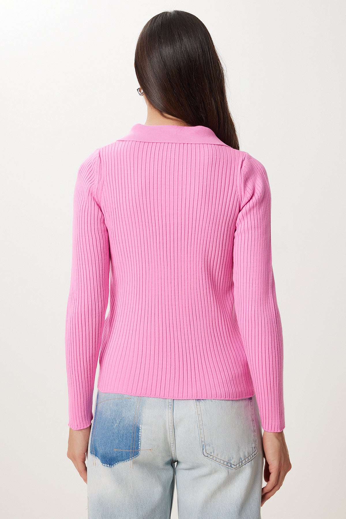 Pembe Polo Yaka Fitilli Triko Kazak VA00028