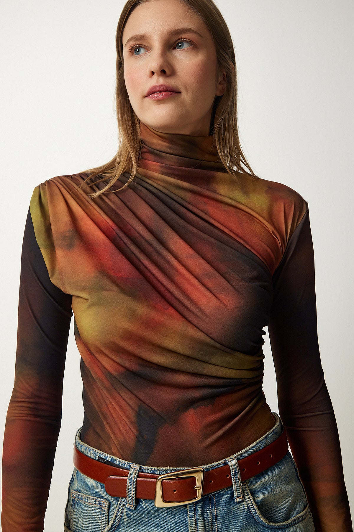 Kahverengi Drapeli Dik Yaka Sandy Bluz FF00138