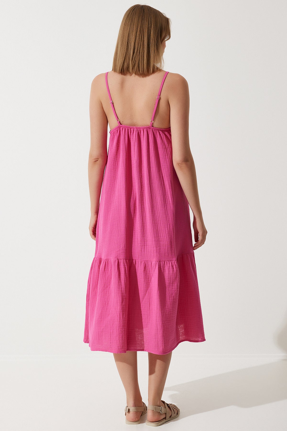 Koyu Pembe Askılı Yazlık Bol Müslin Elbise BP00163
