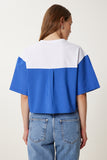 Mavi Beyaz Çiçek Detaylı Crop Örme T-Shirt TP00085