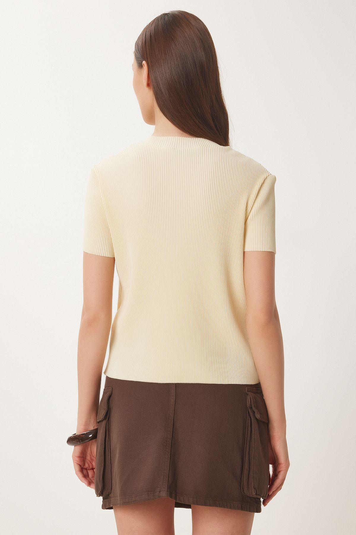 Sarı Basic Fitilli Örme Bluz HF00468