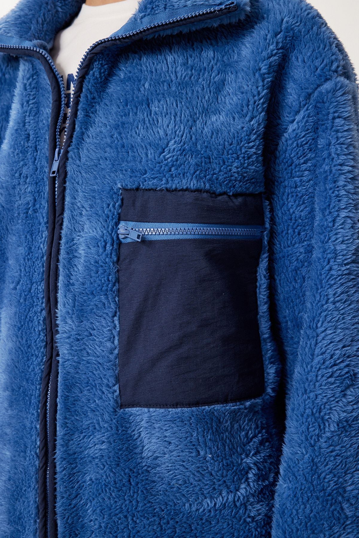 İndigo Mavi Fermuarlı Oversize Peluş Sweatshirt DD01379