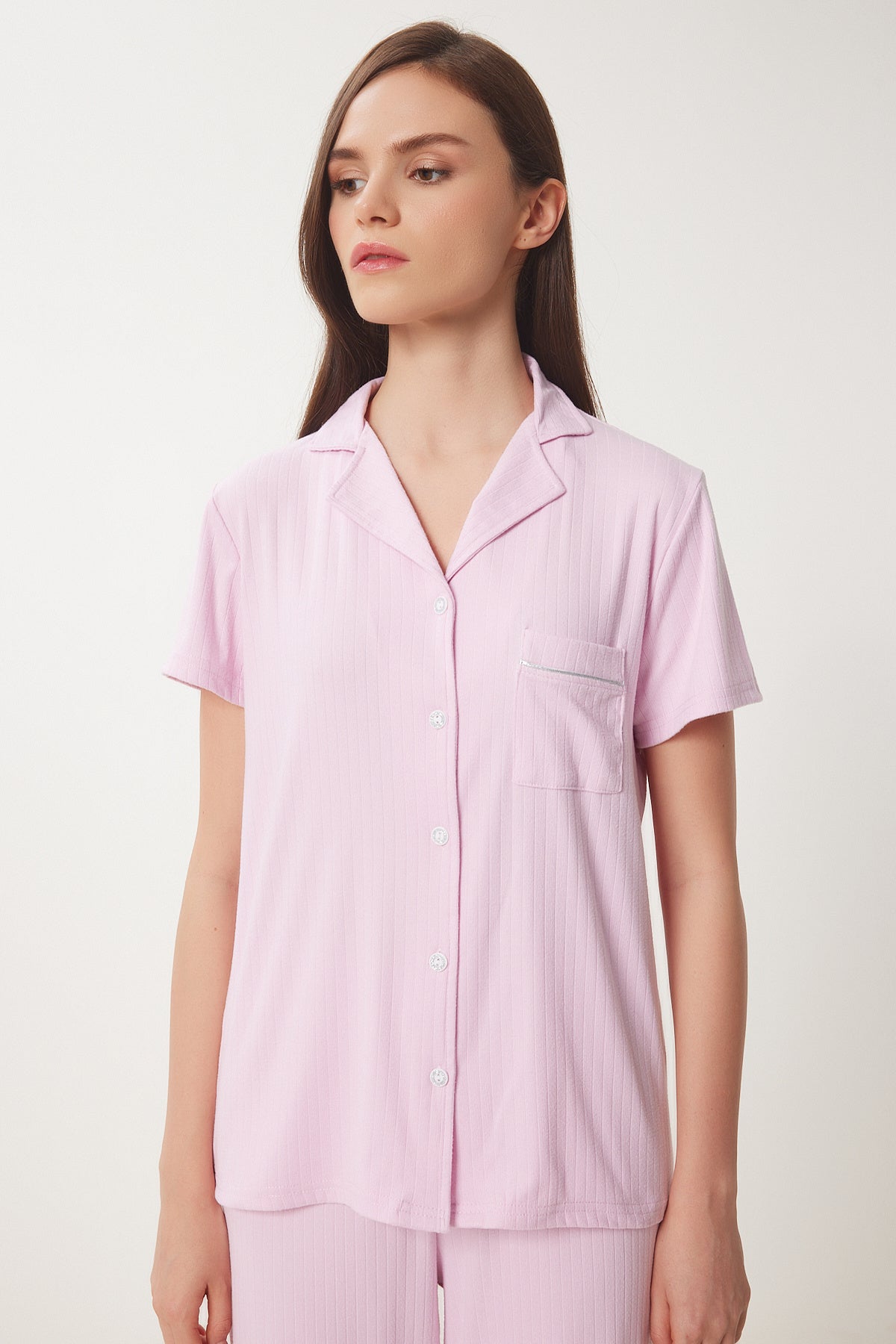 Pembe Gömlek Alt Örme Pijama Takımı PQ00001
