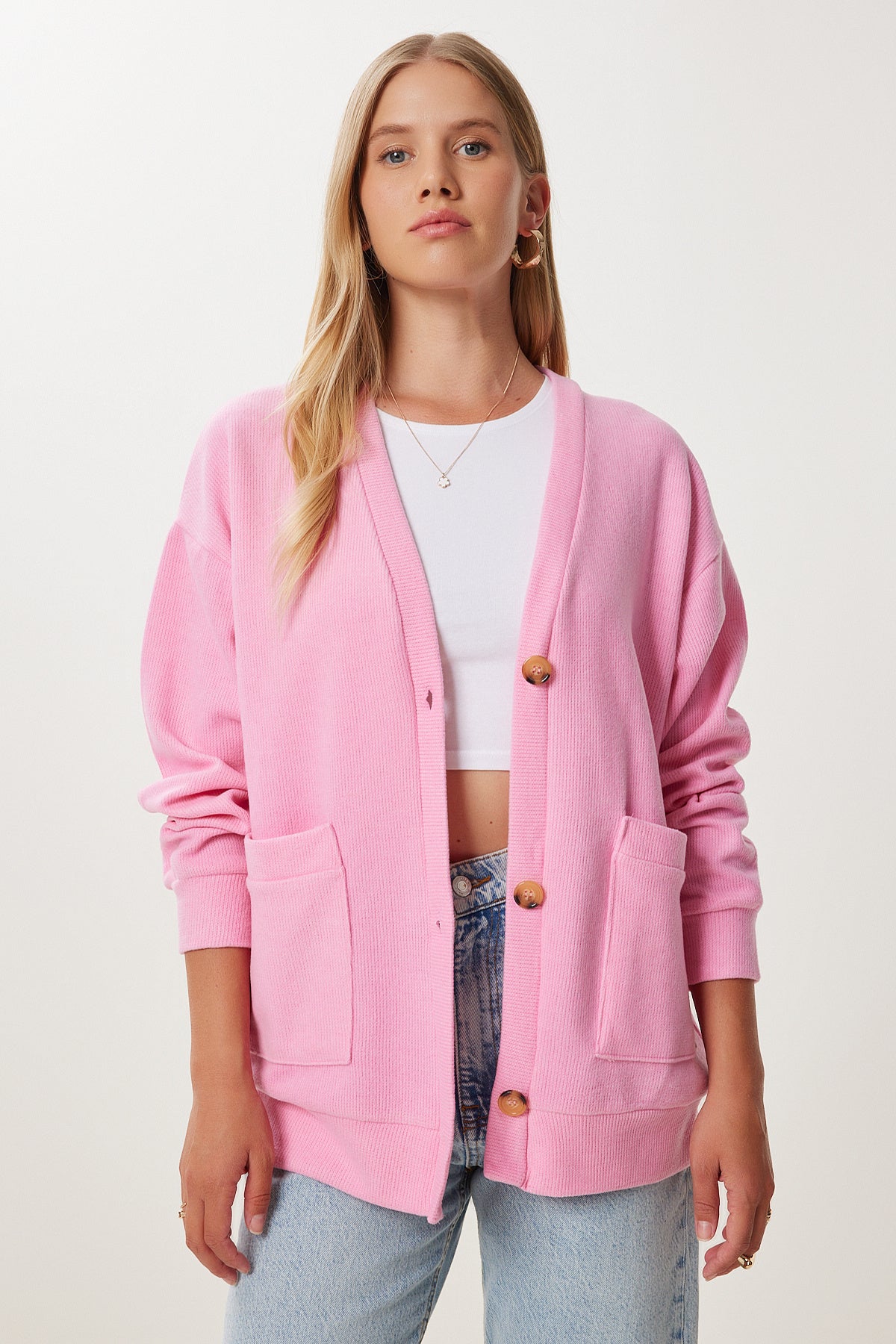 Pembe Cepli Uzun Triko Hırka UB00421