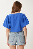 Mavi Balon Kollu İşlemeli Crop Poplin Bluz TP00082