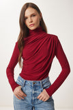 Bordo Büzgü Detaylı Dik Yaka Sandy Bluz  FF00135