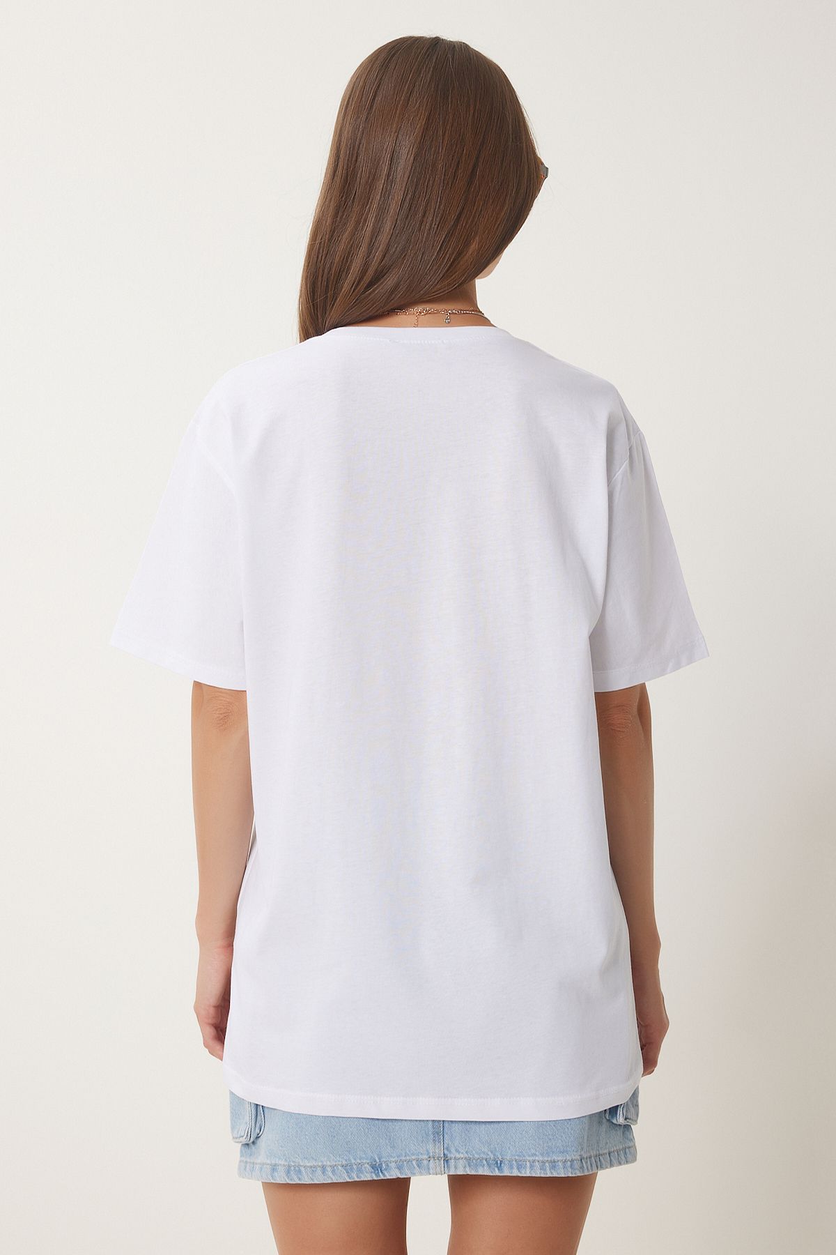 Beyaz Taş Detaylı Baskılı Örme T-Shirt BW00004