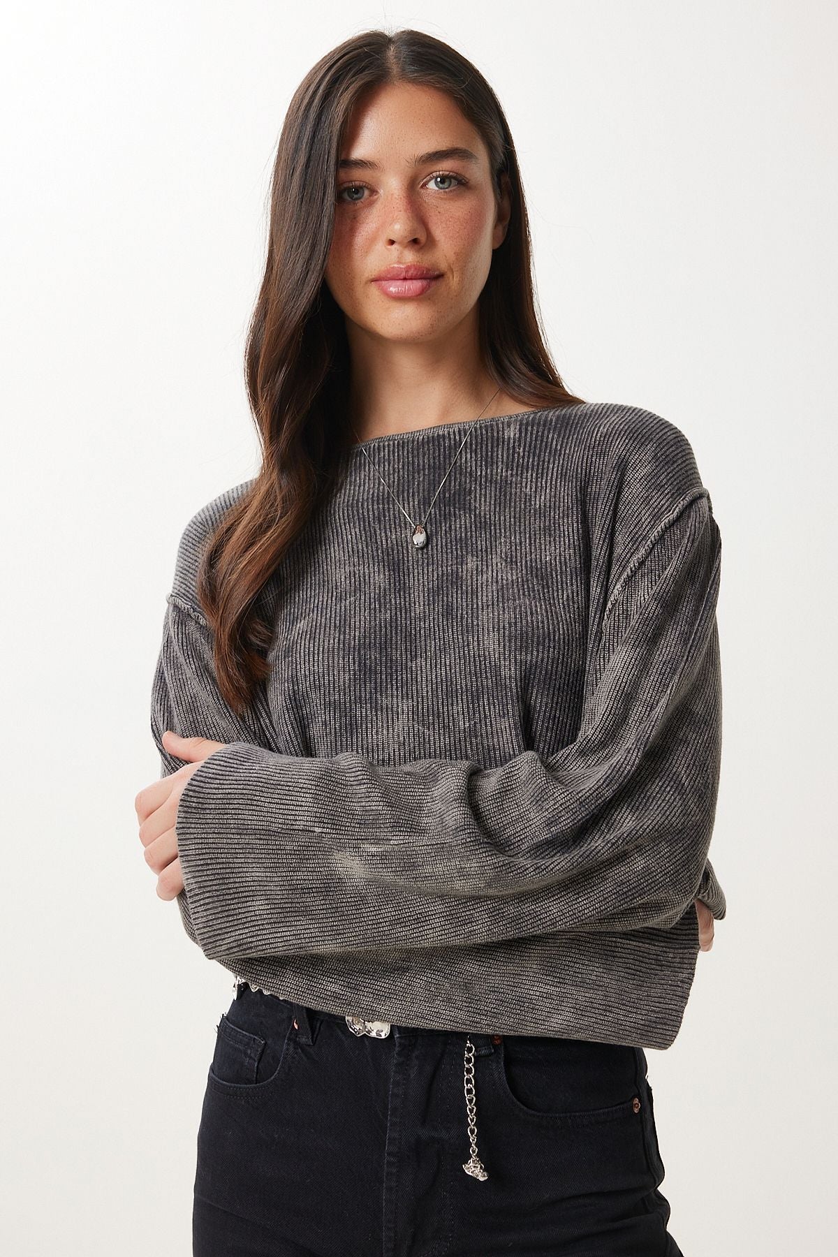 Antrasit Yıkamalı Crop Triko Kazak NS00459