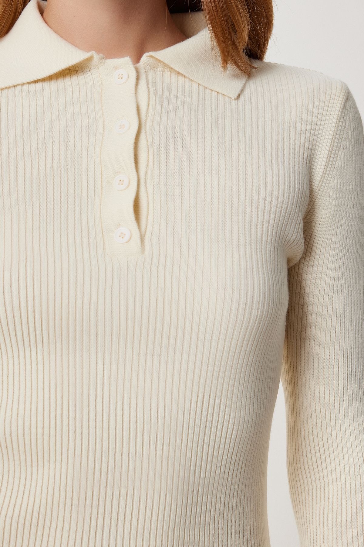 Krem Polo Yaka Fitilli Örme Triko Kazak PF00119