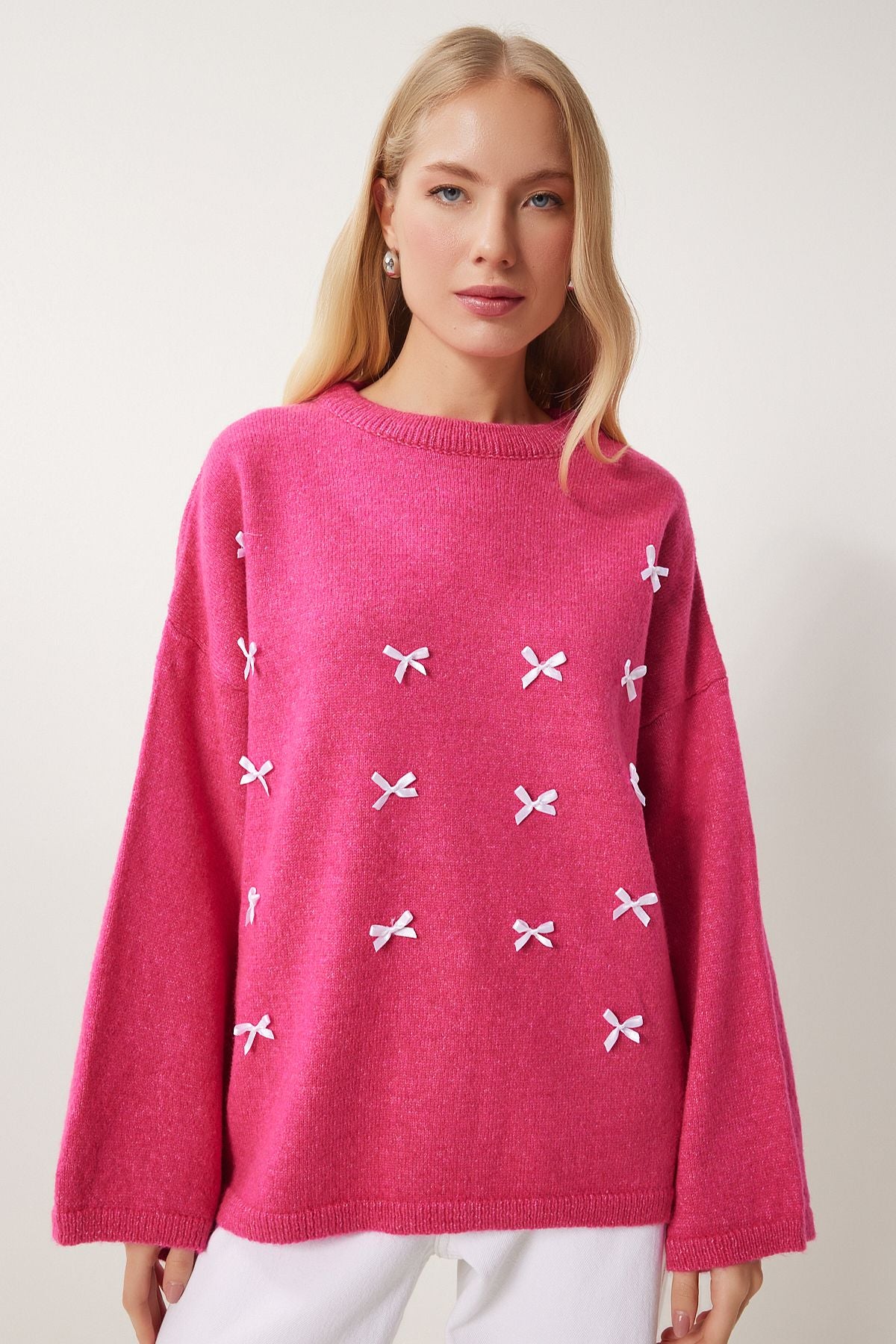 Koyu Pembe Fiyonk Detaylı Oversize Triko Kazak KB00042