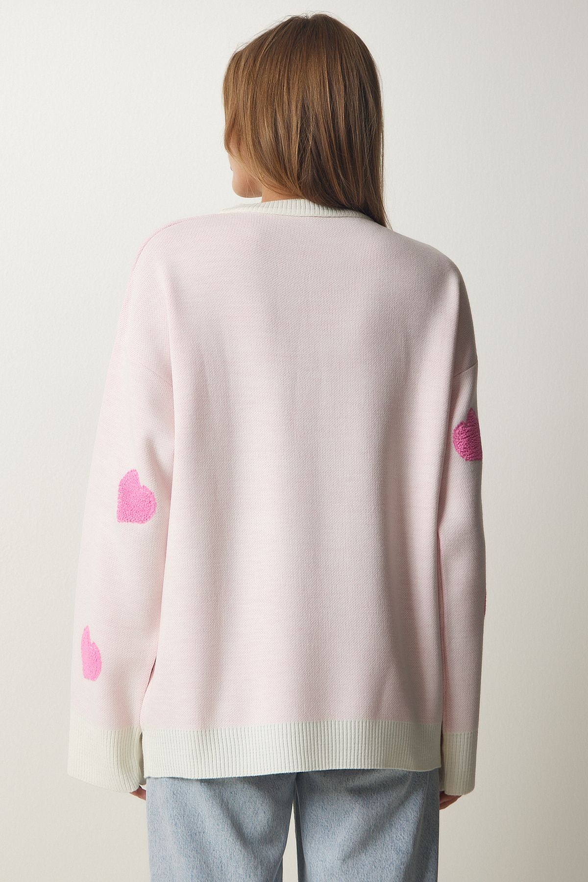 Açık Pembe Kalp Dokulu Oversize Triko Kazak KB00037